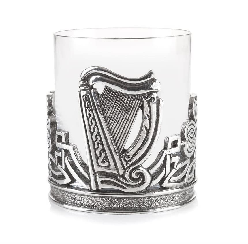 AE Williams whiskey glass with Irish Celtic shamrock and harp made of pewter.