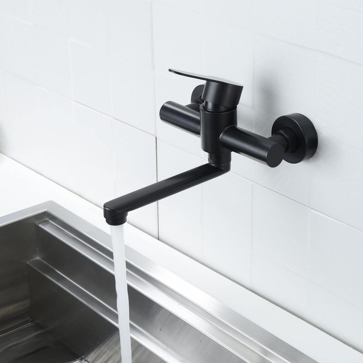 HomeLava 360° Rotatable Kitchen Faucet Wall Mount Mixer Tap One Handle 304 Stainless Steel Black with 180mm Spout.