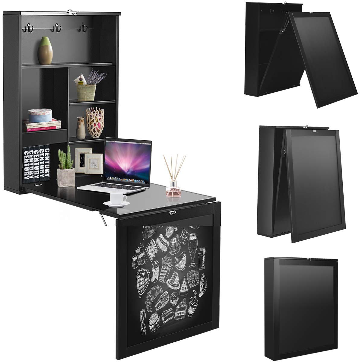 RELAX4LIFE Wall-Mounted Folding Table, Foldable Desk with Chalkboard & 6 Compartments, Multifunctional Fold-down Table, Wooden Wall-Mounted Table, Dining Table, Desk for Dining Room & Living Room & Kitchen (Black)