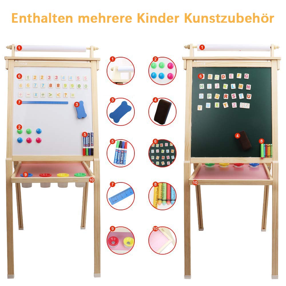 Dripex Kids Art Easel with Paper Roll Double-Sided Board and Magnetic Board for Children Painting Upgrade Whiteboard Chalkboard (Wood Color)