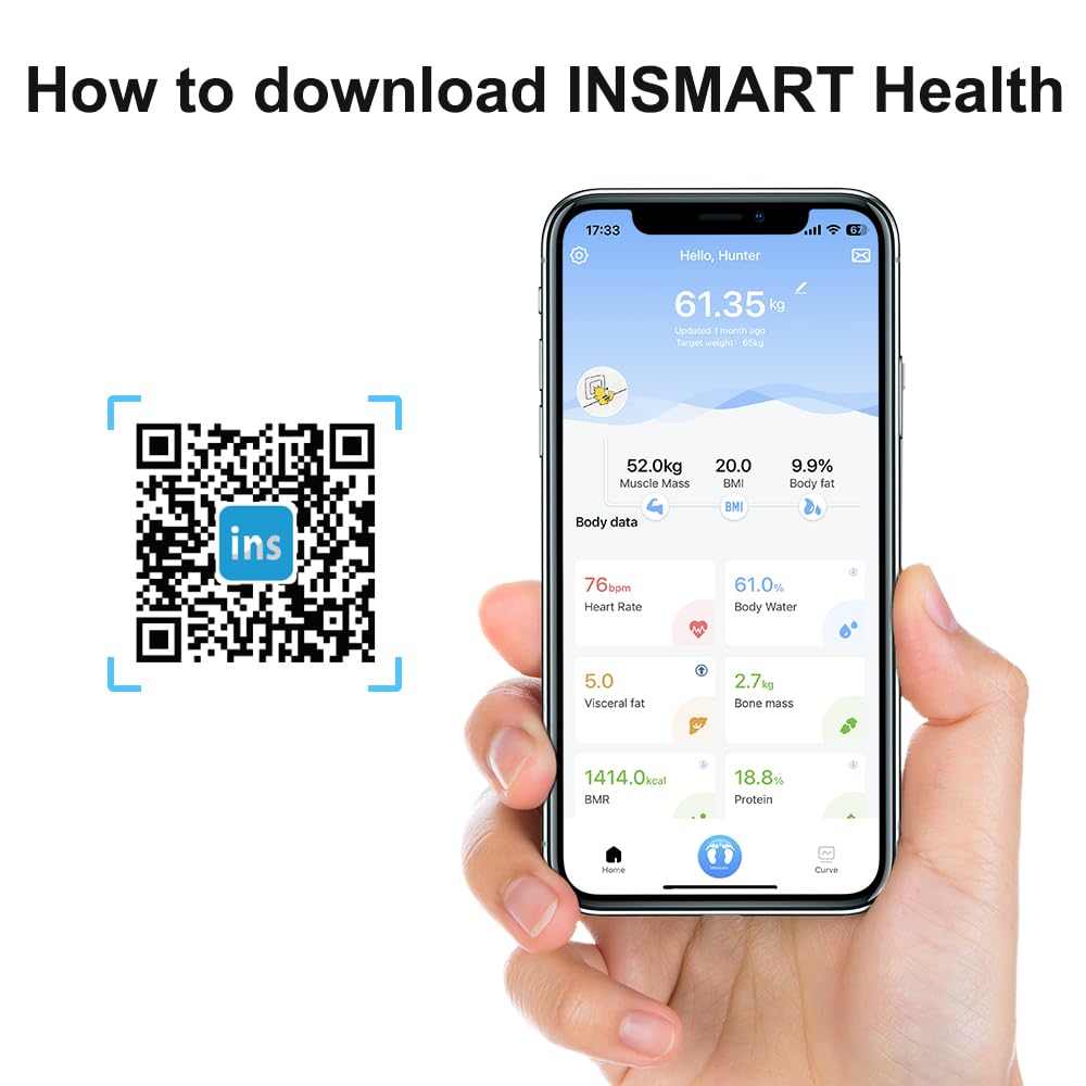 INSMART smart body fat scale digital scale with APP, Bluetooth scale for heart rate, body fat, BMI, weight, muscle mass, water, protein, skeletal muscle, BMR, etc. (18 data points)
