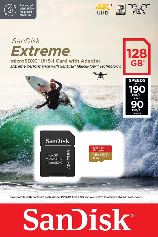 SanDisk Extreme microSDXC UHS-I Memory Card 128GB for action cams and drones + Adapter + RescuePRO Deluxe (up to 190MB/s, A2, Class 10, U3, V30)