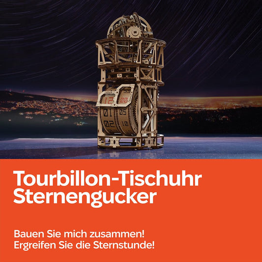 Ugears Sky Watcher Tourbillon Table Clock - 3D wooden puzzle adult watch model kit - Mechanical observatory building set with Tourbillon 3D Puzzle wood kit birthday gift - 338 pieces