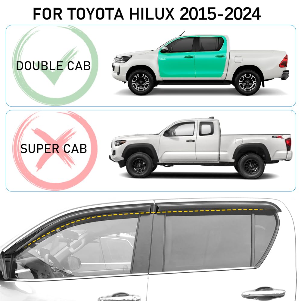 JHCHAN Wind Deflector for Toyota Hilux 2015-2024 Hilux AN110 AN120 AN130 Double Cab 4X4 Smoke Black Rain Deflector 4 Pieces