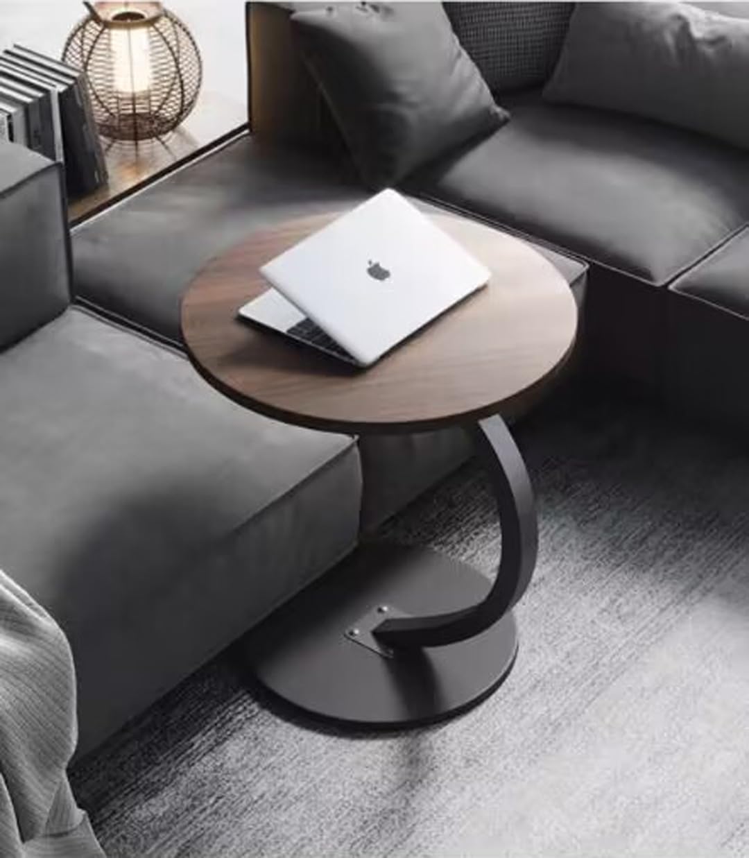 johgee side table Wood, Round coffee table, C-shaped support, table top diameter 40cm, beautiful walnut look, side tables for living room, sofas, wooden, end table