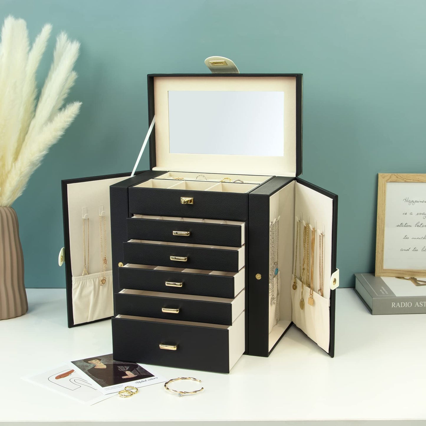 KAMIER 6-tier jewelry box made of high-quality natural wood with luxurious flannel and large mirror - Spacious jewelry case with side-opening doors for rings, earrings, & bracelets, Black