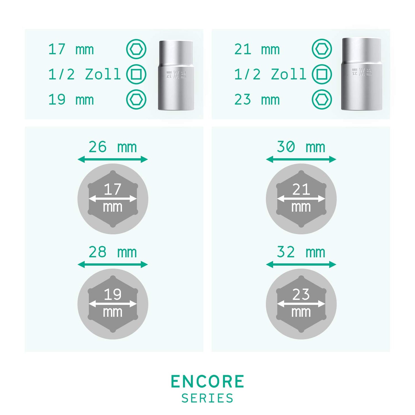 Wiha 1893 Telescope Wheel Nut Wrench Set 4pcs. With 17/19mm and 21/23mm sockets and extendable tire wrench I 0.5-inch drive I includes storage pouch I 80249
