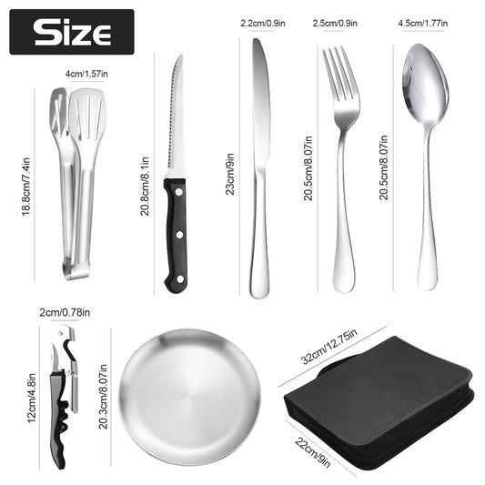 Camping cutlery set for 4 people - Stainless steel camping tableware set for outdoor, picnic and travel - with stainless steel knife, fork, spoon and plate, Portable cutlery including cutlery bag.