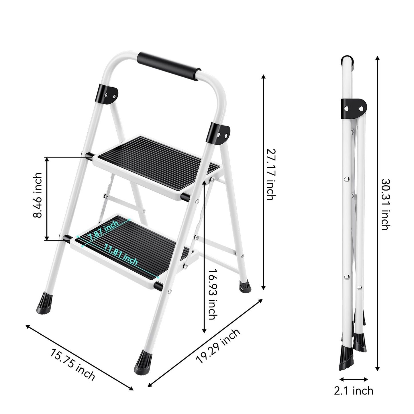 KINGRACK 2-Step Ladder, Step Ladder with Handrails, Folding Step Stool, Folding Step Stool for Adults with Handle, Household Ladder Anti-Slip Stable and Wide Pedal, White