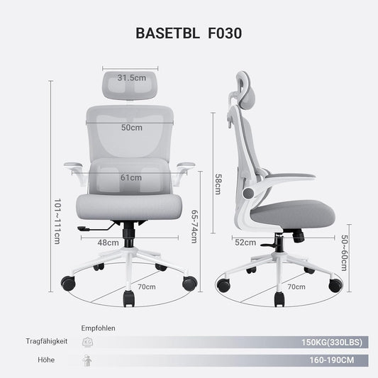 BASETBL Ergonomic office chair with lumbar support and headrest, ergonomic desk chair with folding armrests, swivel chair, PC chair with height adjustment and rocking function, Gray