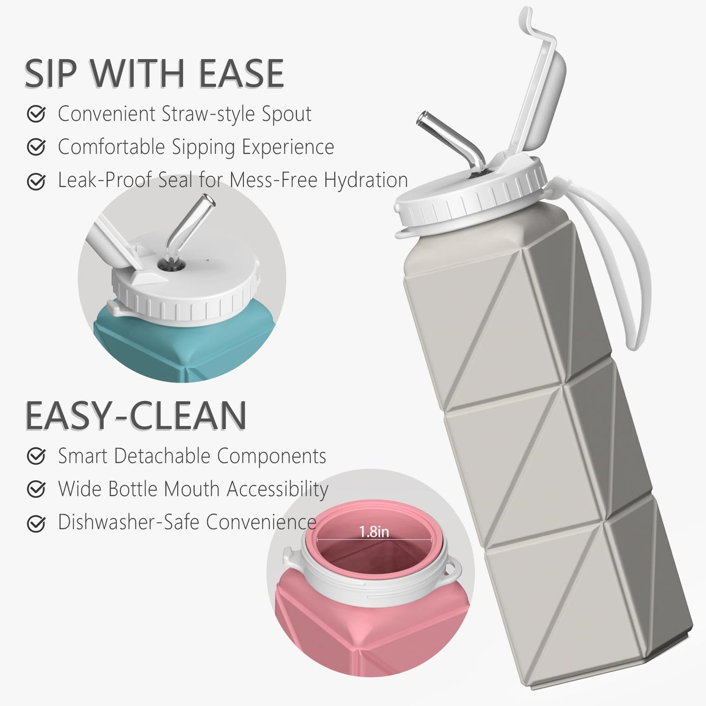 BEAUTAIL Foldable Water Bottle 610ML with Straw, Portable Silicone Water Bottle, Drinking Container, Lightweight, Reusable, for Fitness, Cycling, Sports, Outdoor Sports Bottle (Black+Starlight).