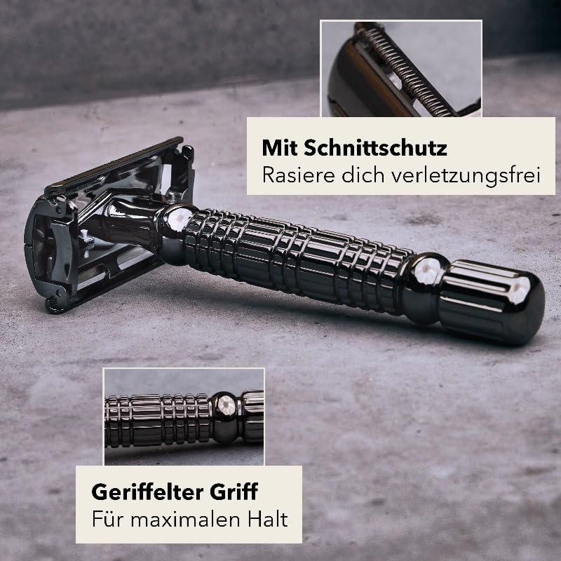 Störtebekker® Premium starter set - with safety razor incl. case (black) and 10 blades + 100 extra Störtebekker razor blades - men's shaving set - for a perfect shave - gift idea for men