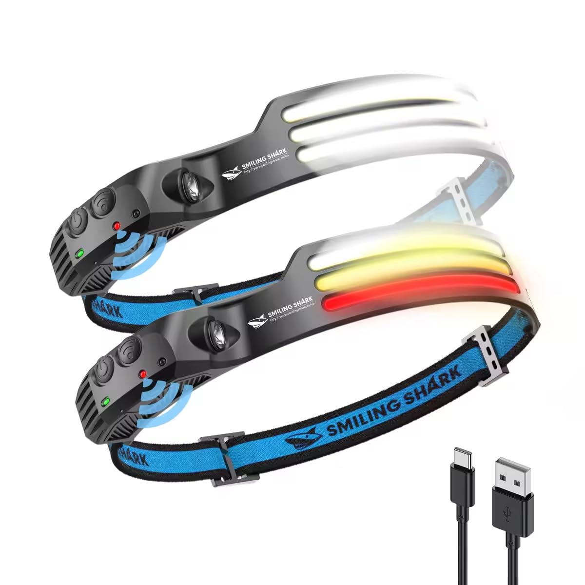 Smiling Shark headlamp, 230° wide angle 3-color LED strip 2 pack headlight rechargeable with waterproof headlamp for camping, jogging, fishing, LED headlight camping headlamp