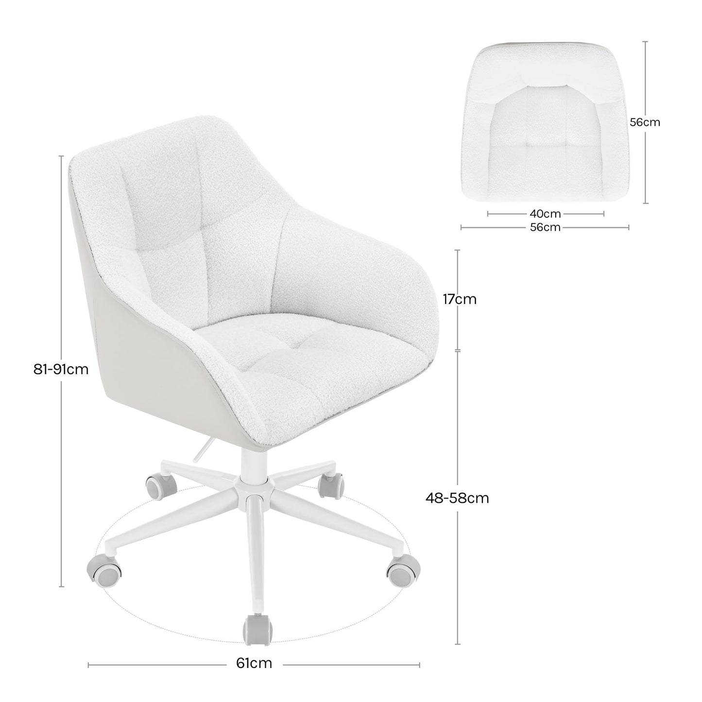 WOLTU home office chair, desk chair, swivel chair, vanity chair, adjustable height, supports up to 150kg, with bouclé seat, cream+beige, BS175grcm