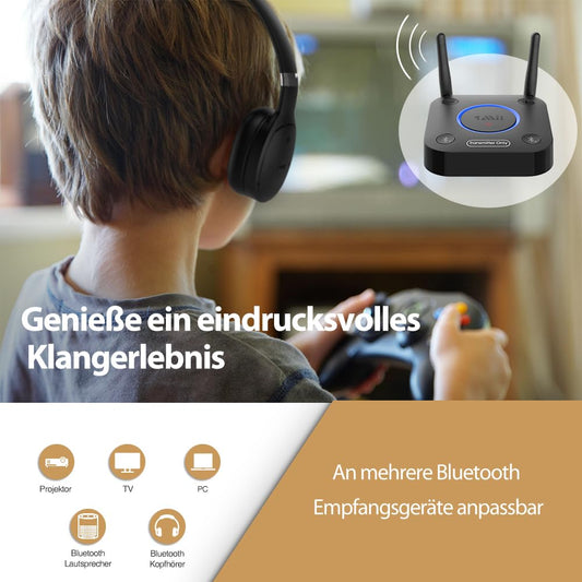 1Mii Bluetooth 5.2 Transmitter for TV, Long Range Bluetooth Audio Adapter, aptX HD Low Latency Bluetooth Sender for 2 Headphones Speakers, 3.5mm AUX/Optical/Coaxial Cable, Volume Control