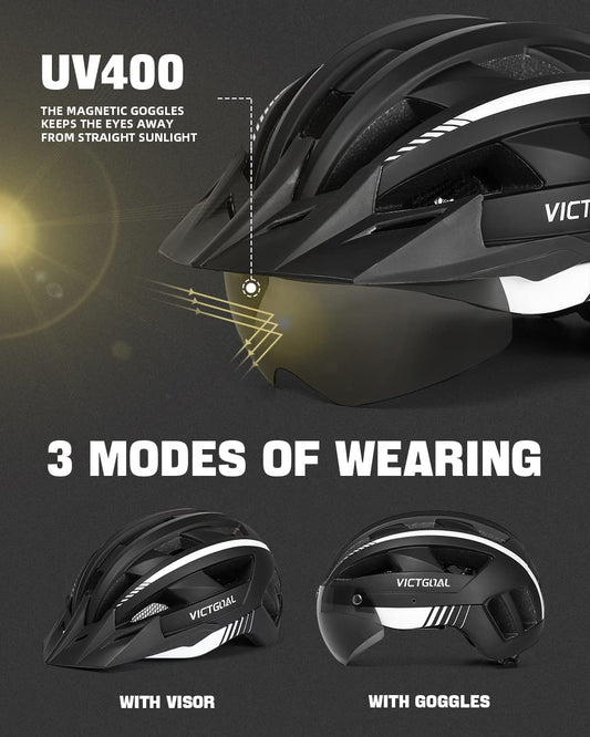 VICTGOAL bike helmet for men and women with removable magnetic goggles visor. Breathable with 21 ventilation channels. Adjustable for head size 57-61cm. Black and white color.