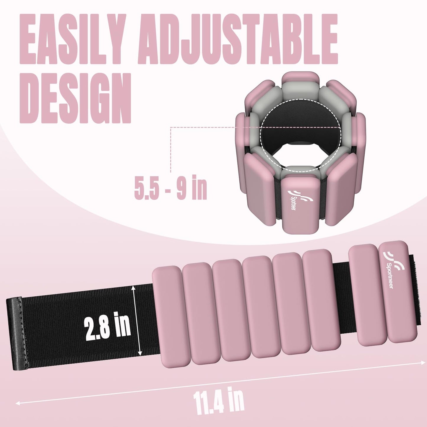 Sportneer Portable Weighted Ankle Straps - 2-pack (0.5 kg & 1 kg each) for men and women, ankle weight set for yoga, dance, aerobic, running, walking (Pink)