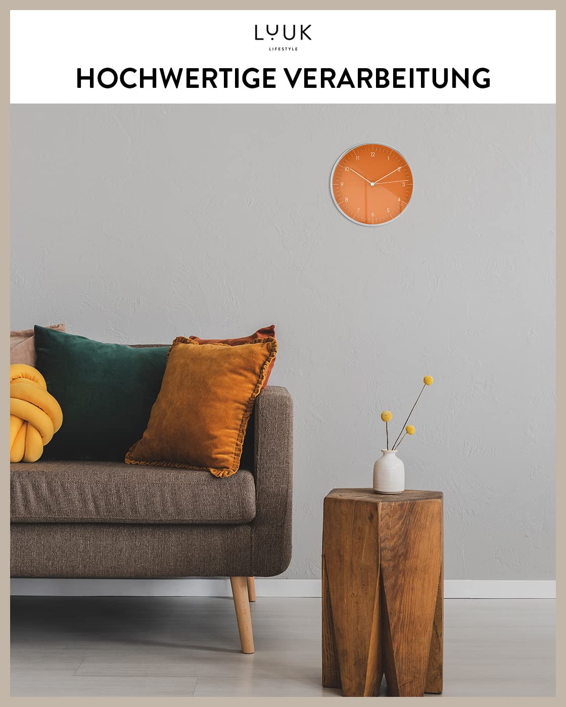 LUUK LIFESTYLE Quartz Wall Clock with Silent Movement, Simple Design, for Office, Kitchen, Bathroom, Housewarming Gift, 24cm in Orange and Silver.