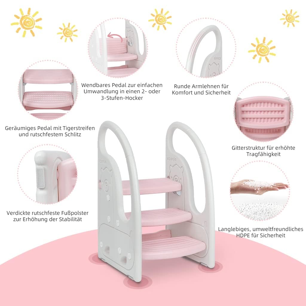 Onasti Kids Step Stool, Three-Step Height Adjustable Toddler Stool for Babies, Comfortable Handrail, Multi-Functional, Anti-Slip, Suitable for 1.5 to 6 Years - (Pink)