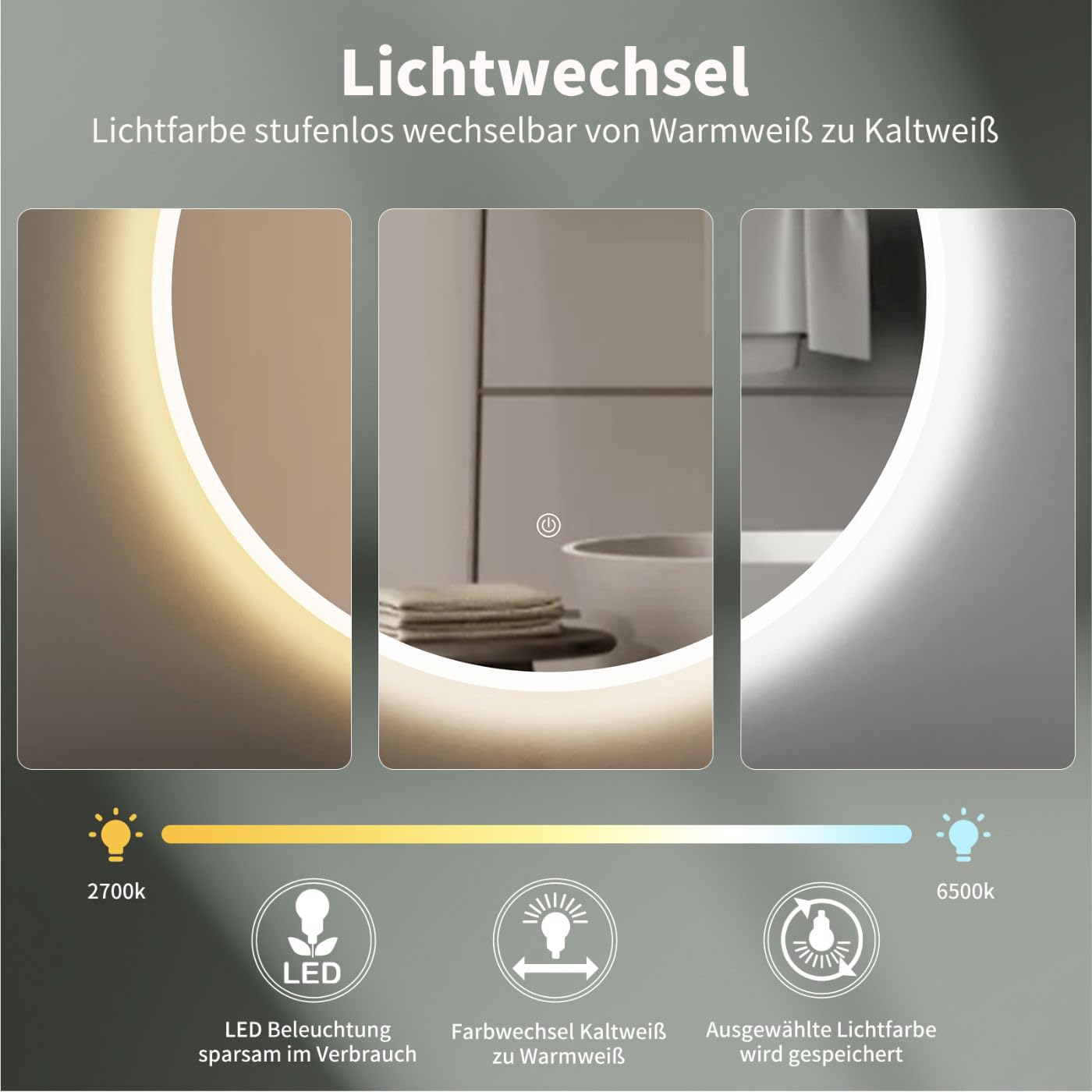 HOKO round 60cm LED bathroom mirror with touch switch+memory function+lighting change 2700-6500K warm white-cool white-neutral