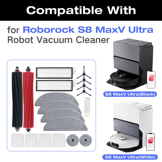 HomeTimes replacement parts for Roborock S8 MaxV Ultra robot vacuum accessories with 2 rubber brushes, 2 HEPA filters, 6 mop pads, 4 side brushes, 4 dust bags, 18 pieces total.