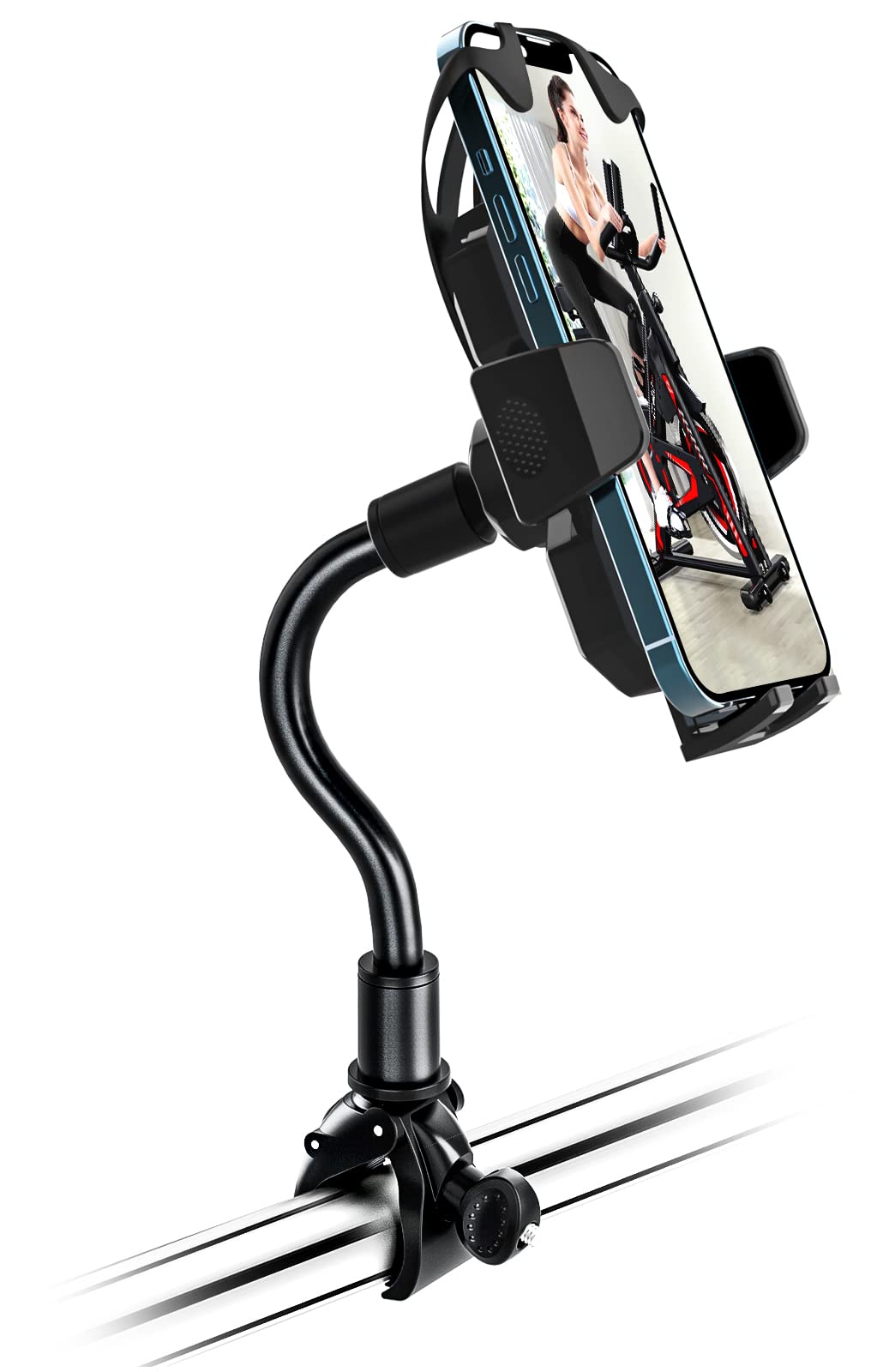 Oilcan Bike Phone Holder Flexible & 360° Rotatable, Handlebar Phone Mount for Elliptical, Treadmill, Spinning Bike, Exercise Bike. Fits iPhone 14 Pro Max, Samsung, 4-7" smartphones.
