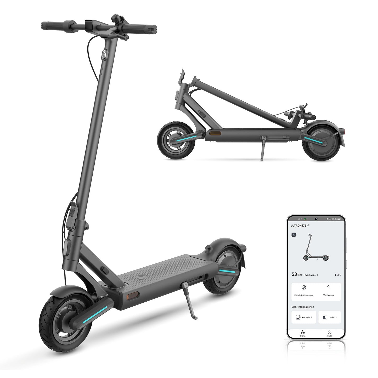 Odys Ultron i75 E-Scooter with German road approval & dual full suspension (max. 20km/h, up to 75km range, up to 25% incline, 10" air tires, max. 120kg weight capacity, display & app, foldable)