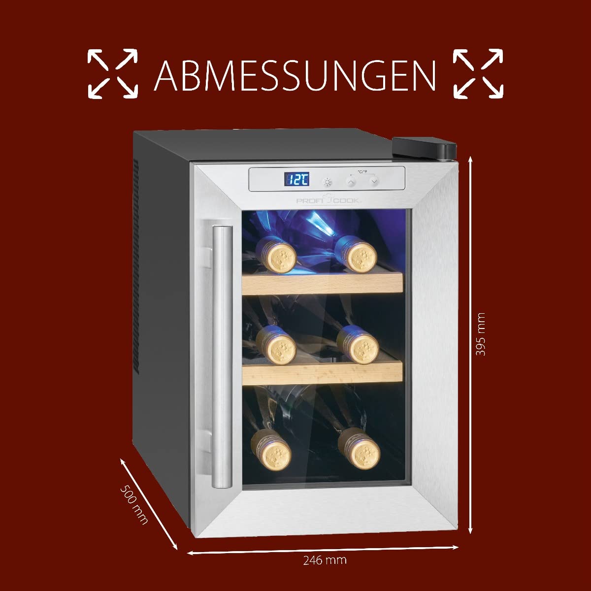 ProfiCook wine cooler | 6 bottles | beverage cooler | UV-resistant glass door | wine cooler | LED lighting | 3 storage levels - 2 of which are removable | 11-18°C | PC-WK 1231