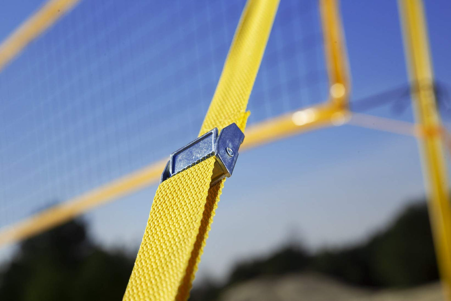 RomiSport set for volleyball: beach volleyball complete set with net, posts, courtline field markings. 8.5m volleyball net for outdoor beach grass park venues.