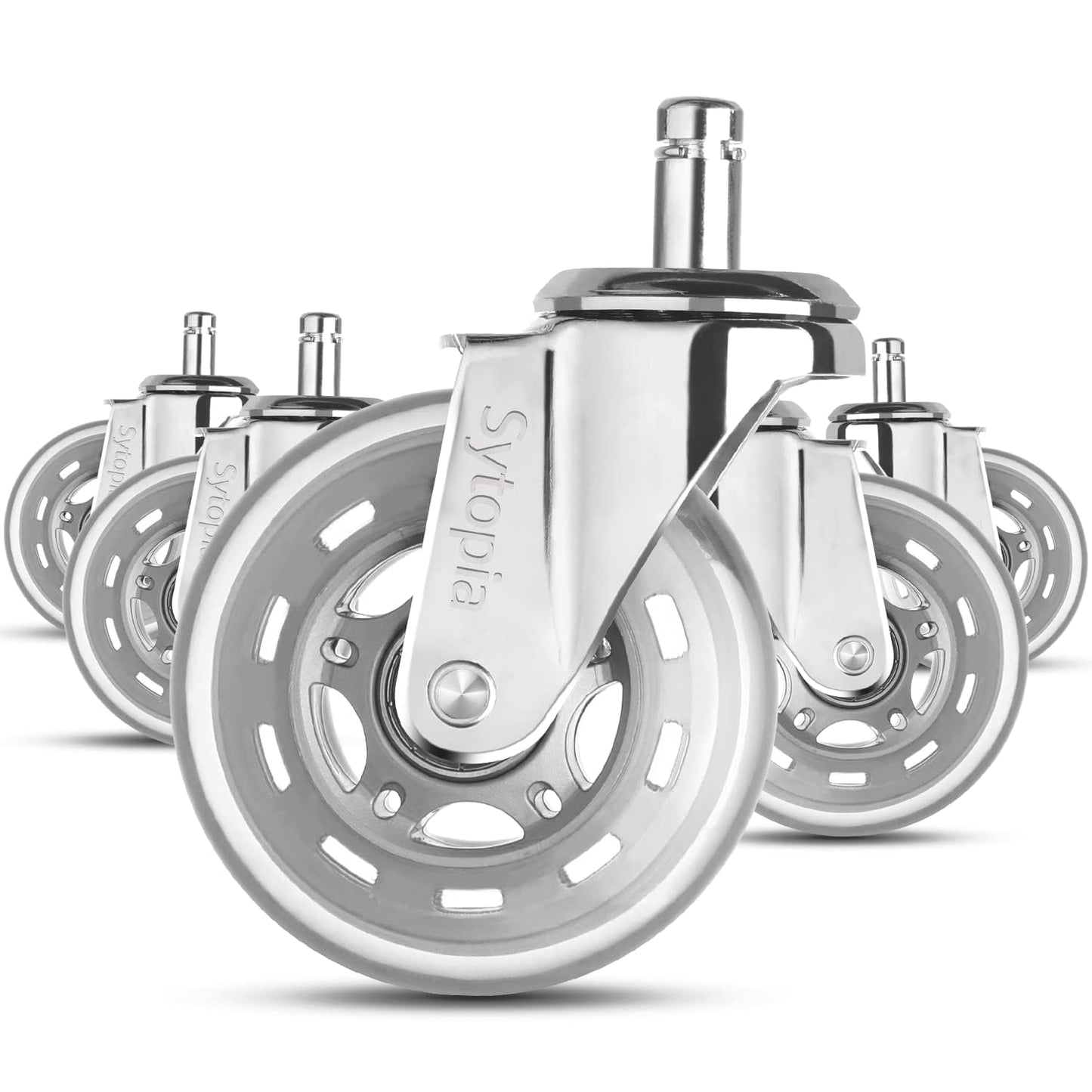 Sytopia office chair casters 11mm, casters for office chairs 11mm x 22mm, rubber office chair wheels 5-piece set for hard floors, parquet, laminate, floor mats, DOES NOT FIT 10mm pin (Silver)