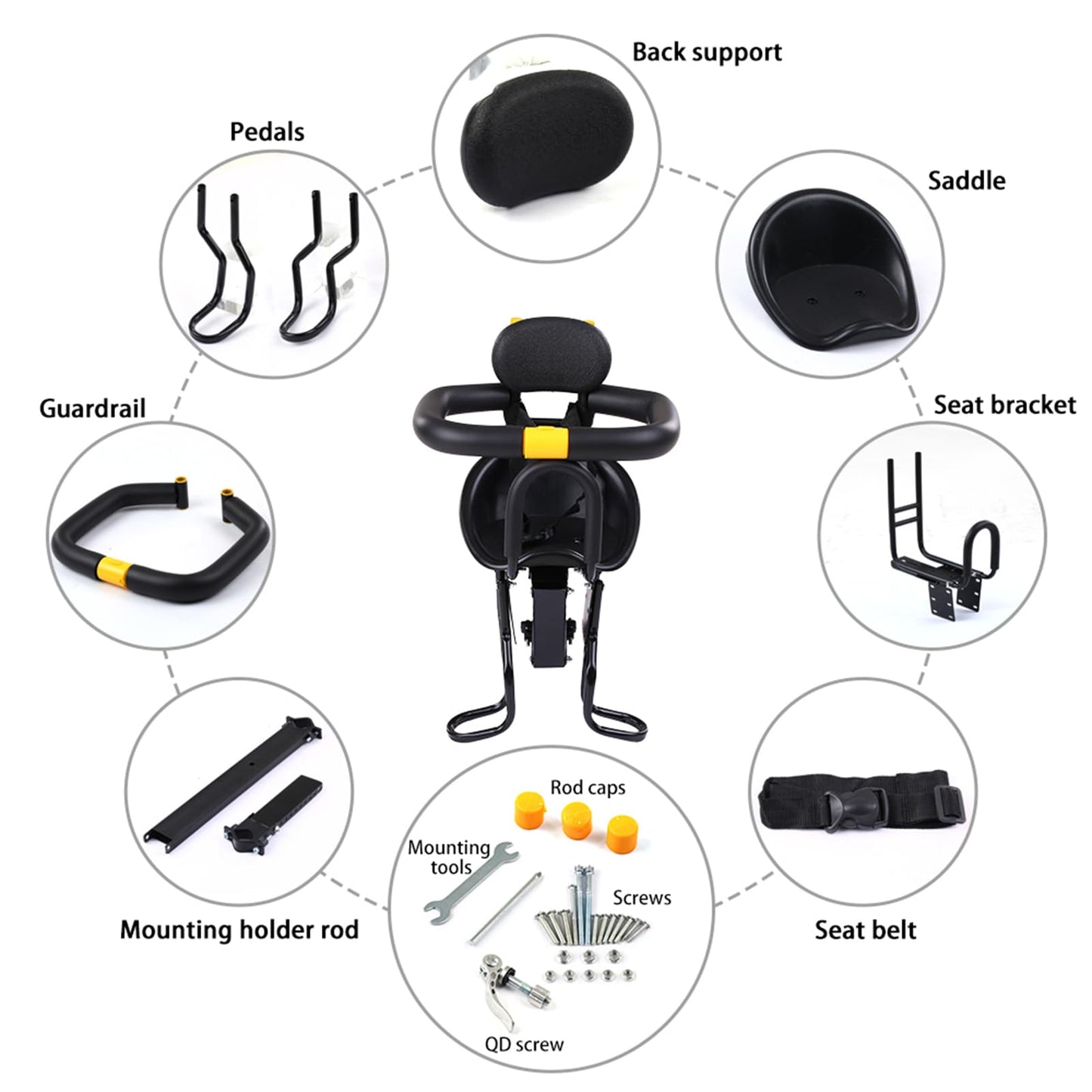 Lixada front bike seat for kids, child safety, with pedals, mount for road bike and MTB.