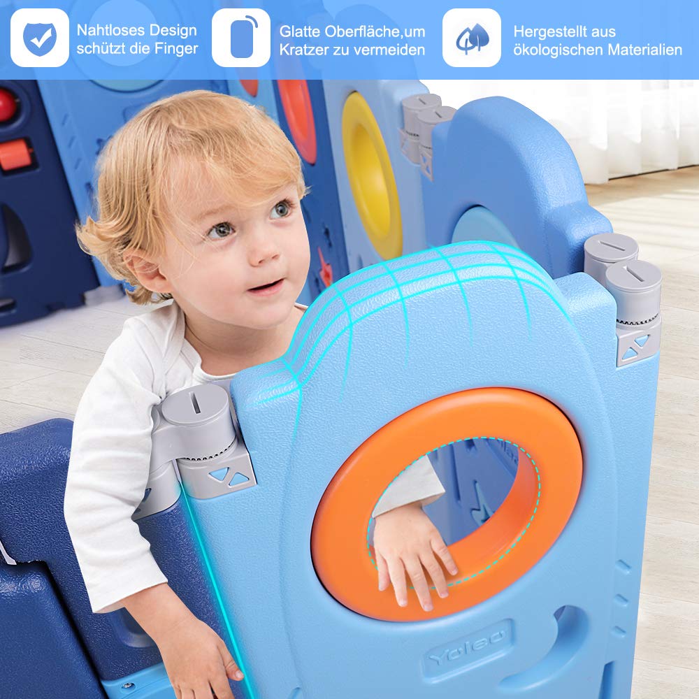 YOLEO Playpen for baby, Foldable Playard 120×120cm, Plastic Playpen in adaptable shape, playpen with door and toy board, Blue
