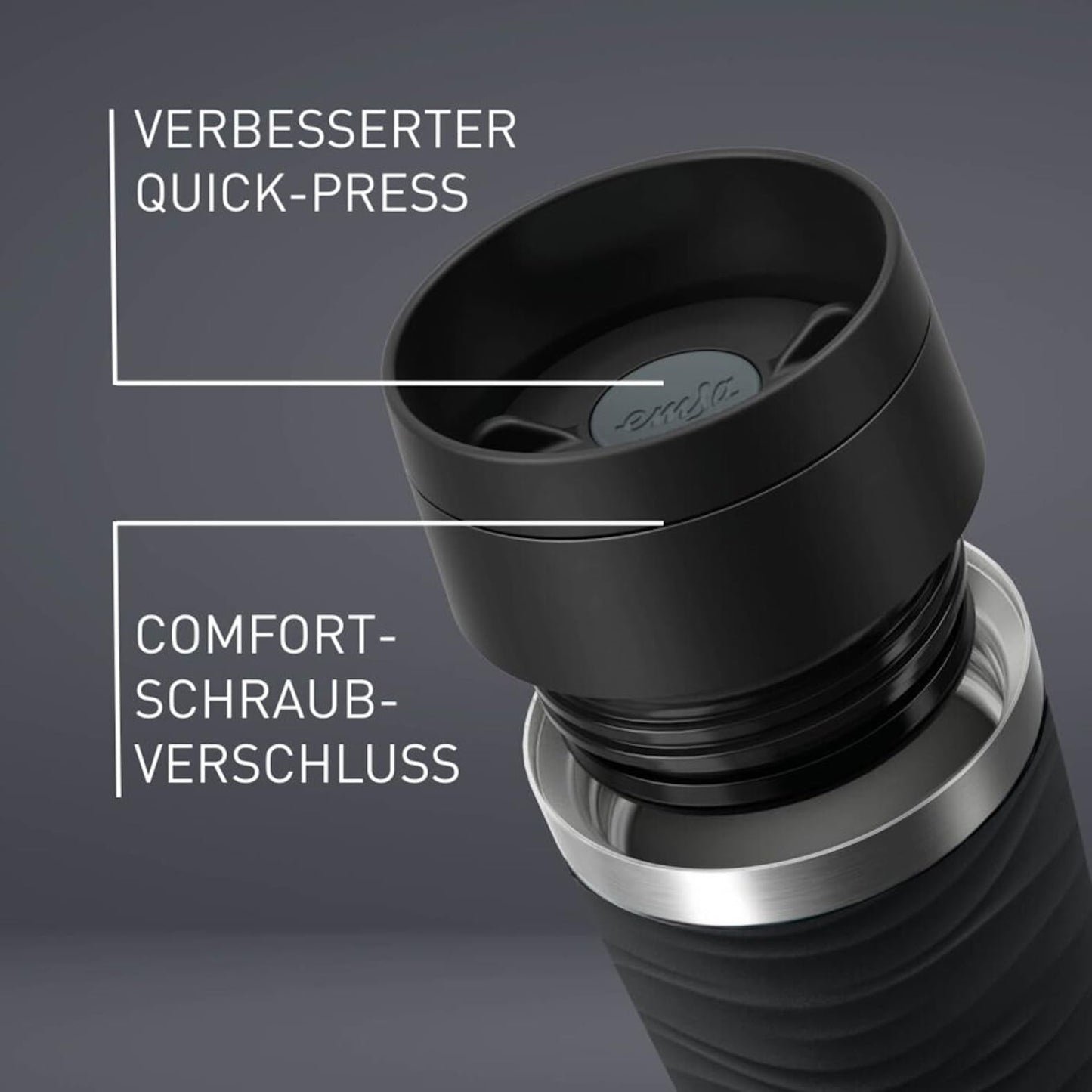 Emsa Travel Mug 360ml Wave Thermos Cup, new comfort screw cap, stainless steel insulated cup, keeps drinks hot for 4h and cold for 8h, 100% leak-proof, dishwasher safe, 360° drinking opening, black, N20212.