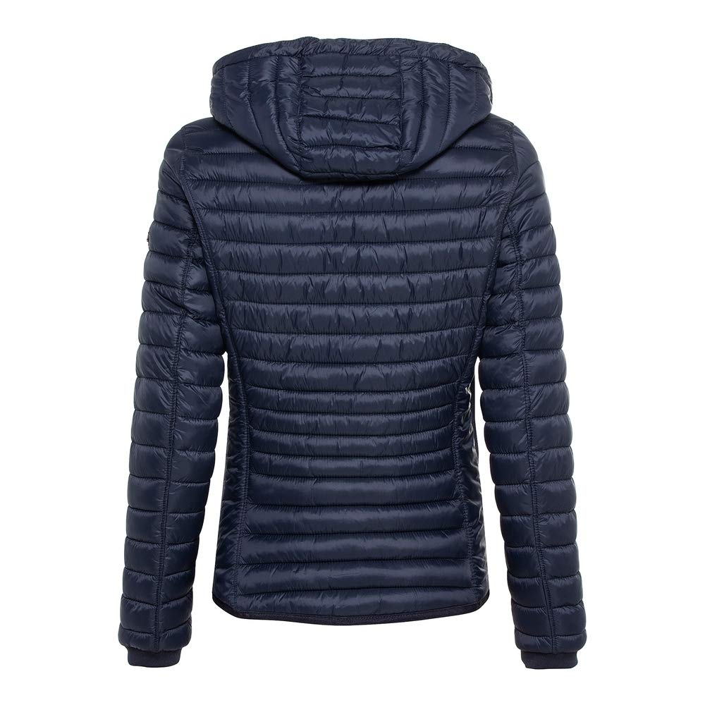 camel active women's lightweight quilted jacket with removable hood in black, size 44.