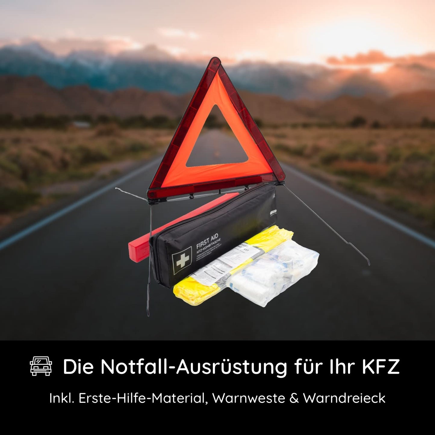 Vehicle first aid kit including warning triangle and high-visibility vest according to current DIN 13164:2022 | Valid for 2025 | First aid kit for car/motorcycle | black | long format