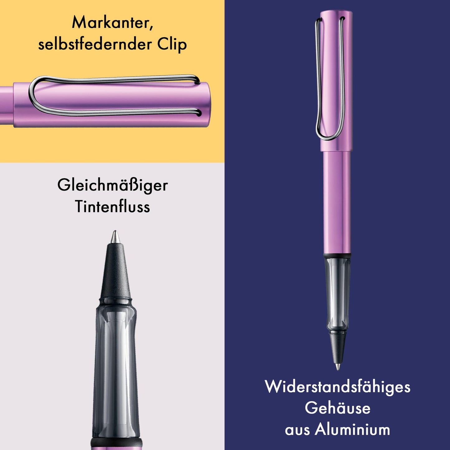 Lamy AL-star lilac Rollerball - light pen with transparent, ergonomic grip & medium nib - aluminum body - includes medium rollerball refill M 63 in black.