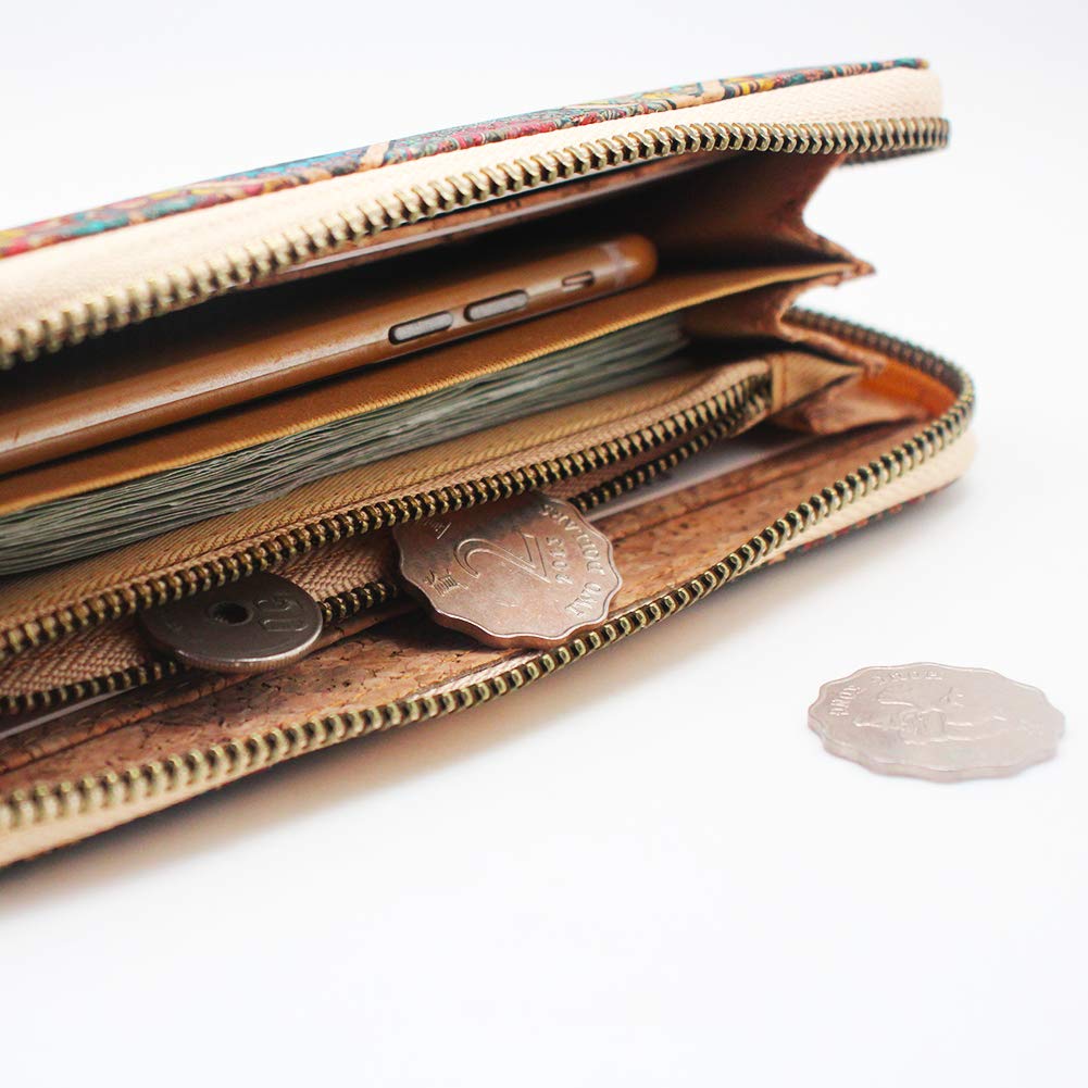 Boshiho Cork Vegan Wallet Women Purse Large Capacity Long Cork Wallet with Zipper Smartphone Clutch with Card Holder Coin Pocket Vegan Gift