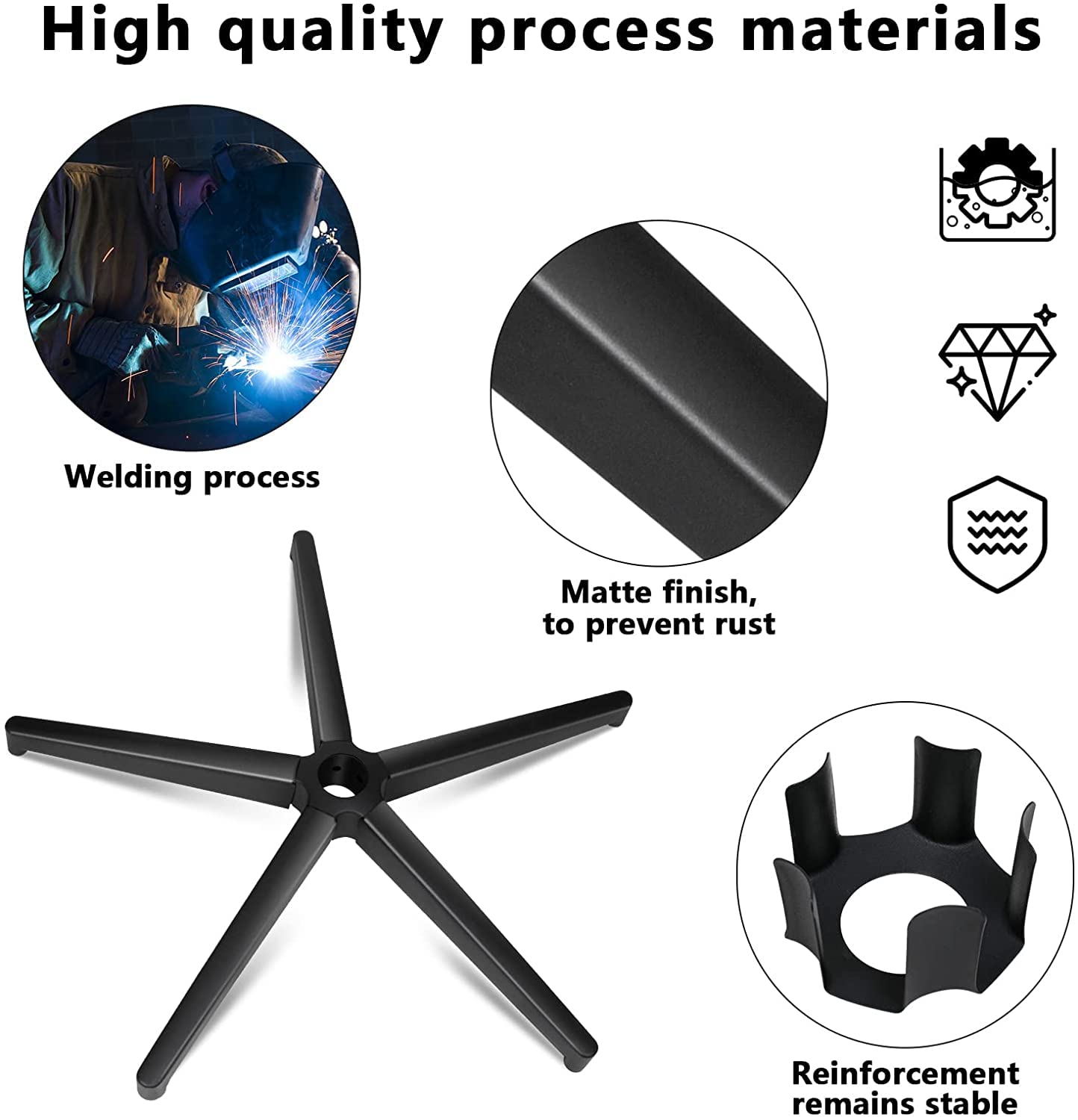 Office chair base, 5-star base with support, black pentagonal metal frame, swivel chair base, suitable for 11mm x 22mm casters, 50mm gas spring.