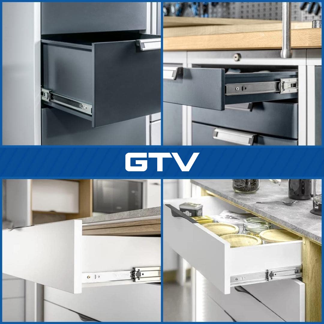 GTV H53 Drawer Slides Full Extension Drawer Slides - 53.9 x 1100 mm - 2 mm Thick Galvanized Steel - Roller Extension Telescopic Rail Ball Bearing - Rail System Load Capacity up to 100 Kg 1 Set = 2 Pieces