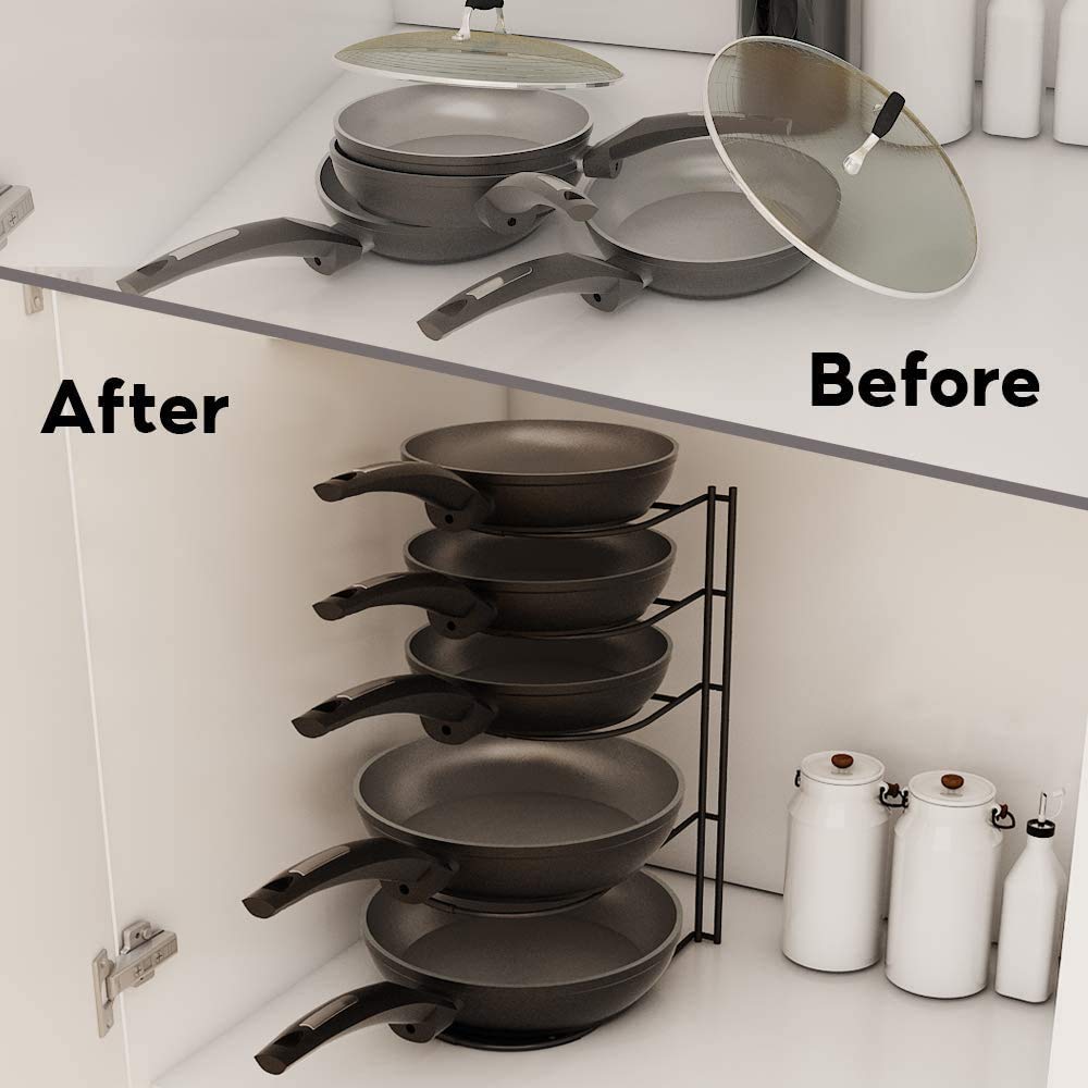 SASONCO Pan Organizer, Pot Organizer, sturdy 5-tier rack for cast iron pans, griddles, and flat pots, heavy-duty steel construction