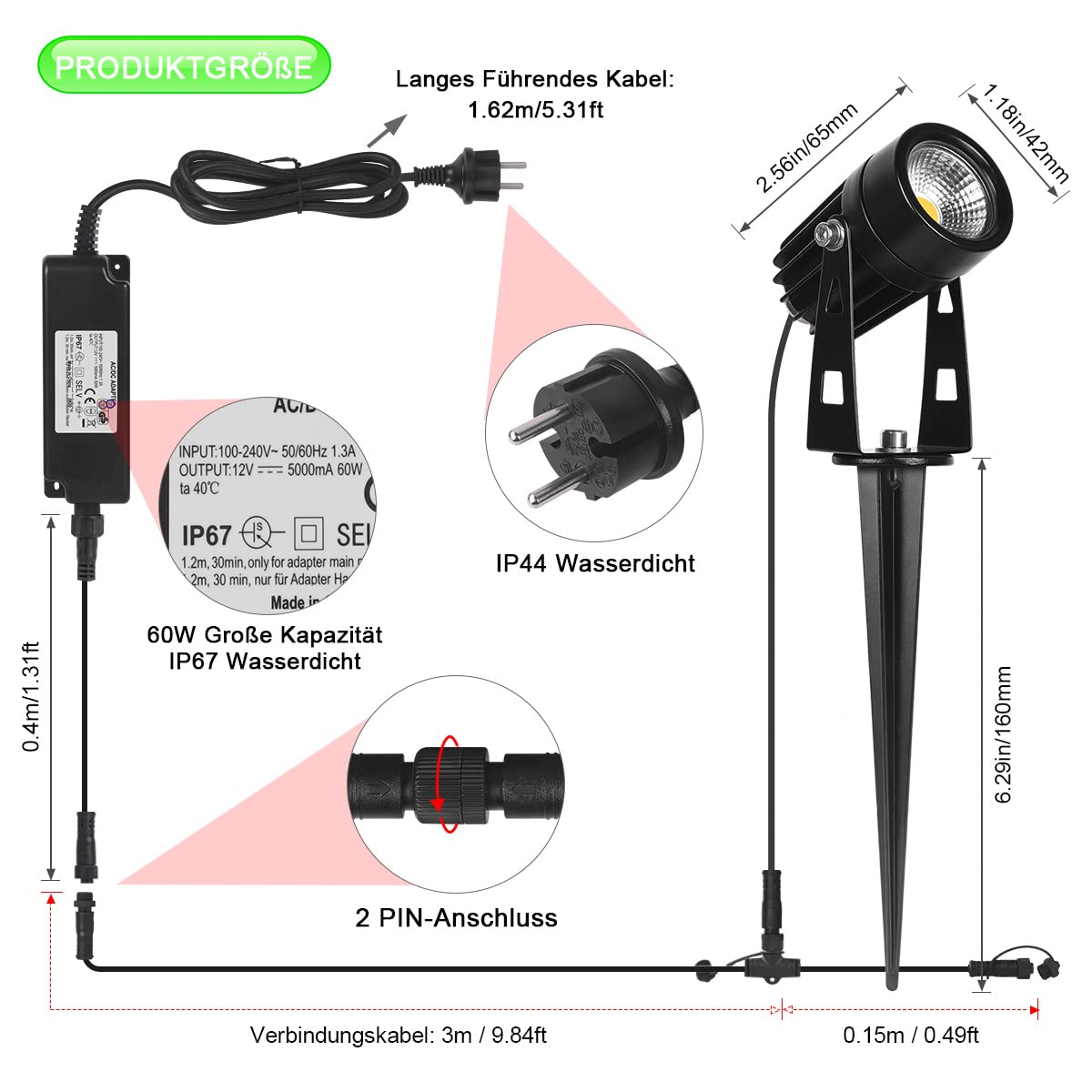 AIMHEIM 10-piece LED garden lights with ground stake, 3W garden light with plug, 3750LM, IP65 waterproof, garden spotlights outdoor spotlight warm white for garden, terrace, plants, paths.