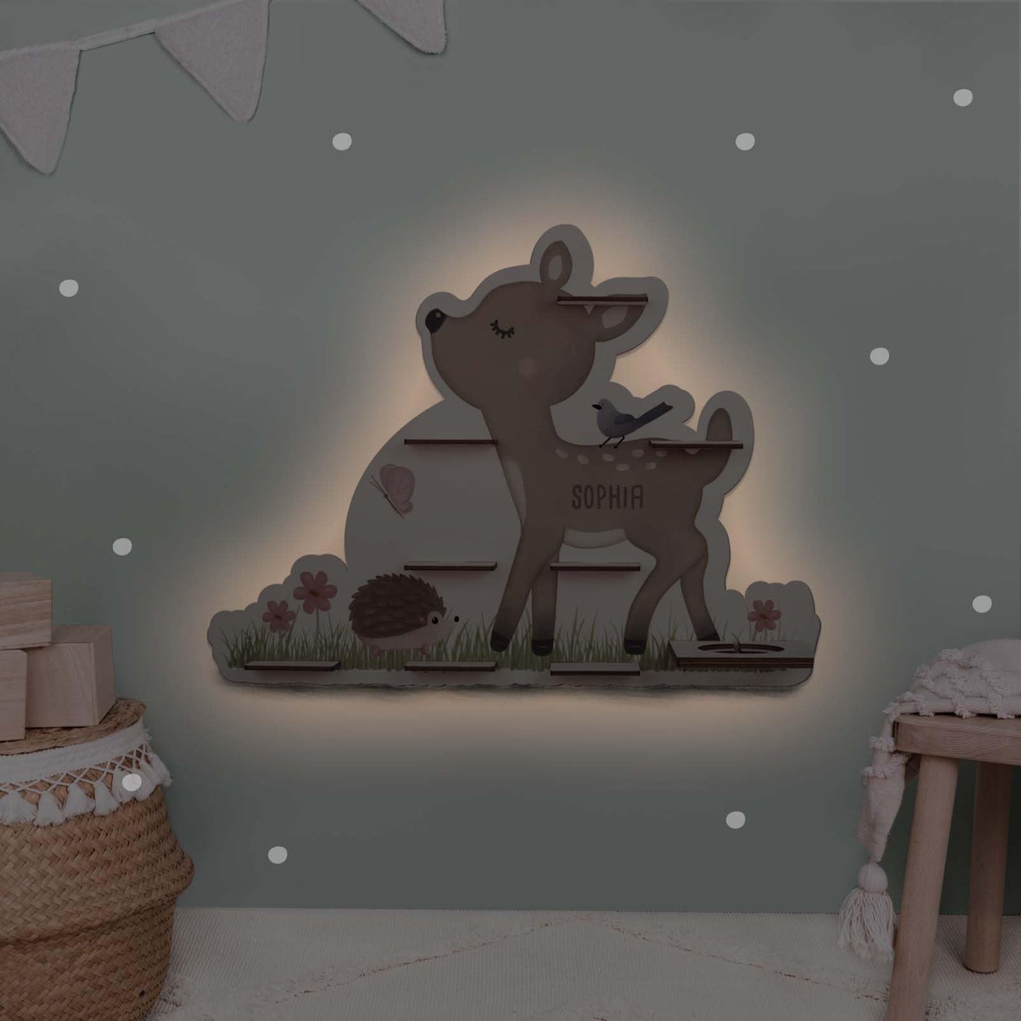Tonie Shelf Watercolor Animals Personalized - Wooden Tonie Shelf for Girls & Boys - Toniebox Shelf - Children's Shelf for Audio Plays & Storage of Tonie Figures - Nursery Shelf (DEER)