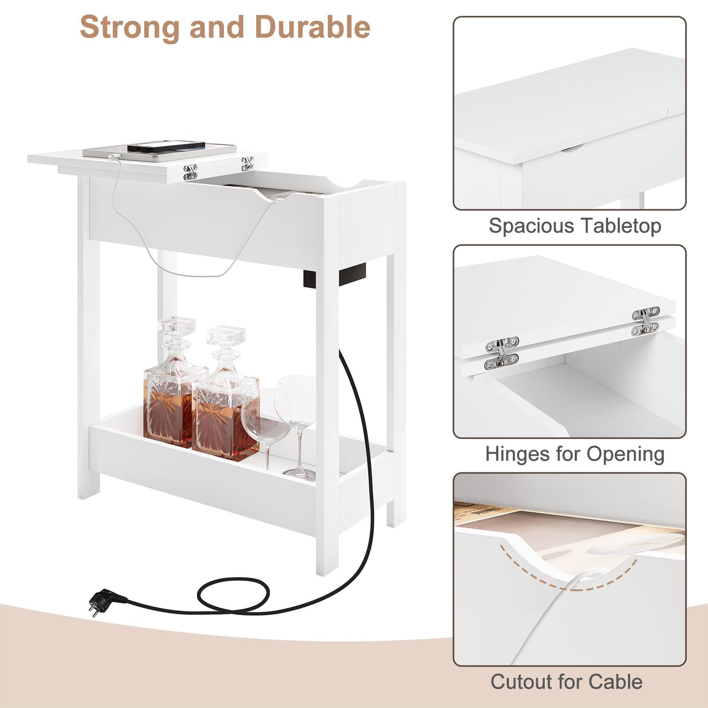 EUGAD Side Table, Bedside Table with Socket, Coffee Table, End Table, Console Table, Foldable Tabletop, 3 Shelves, for Living Room Bedroom Kitchen, White, 0001CHJ