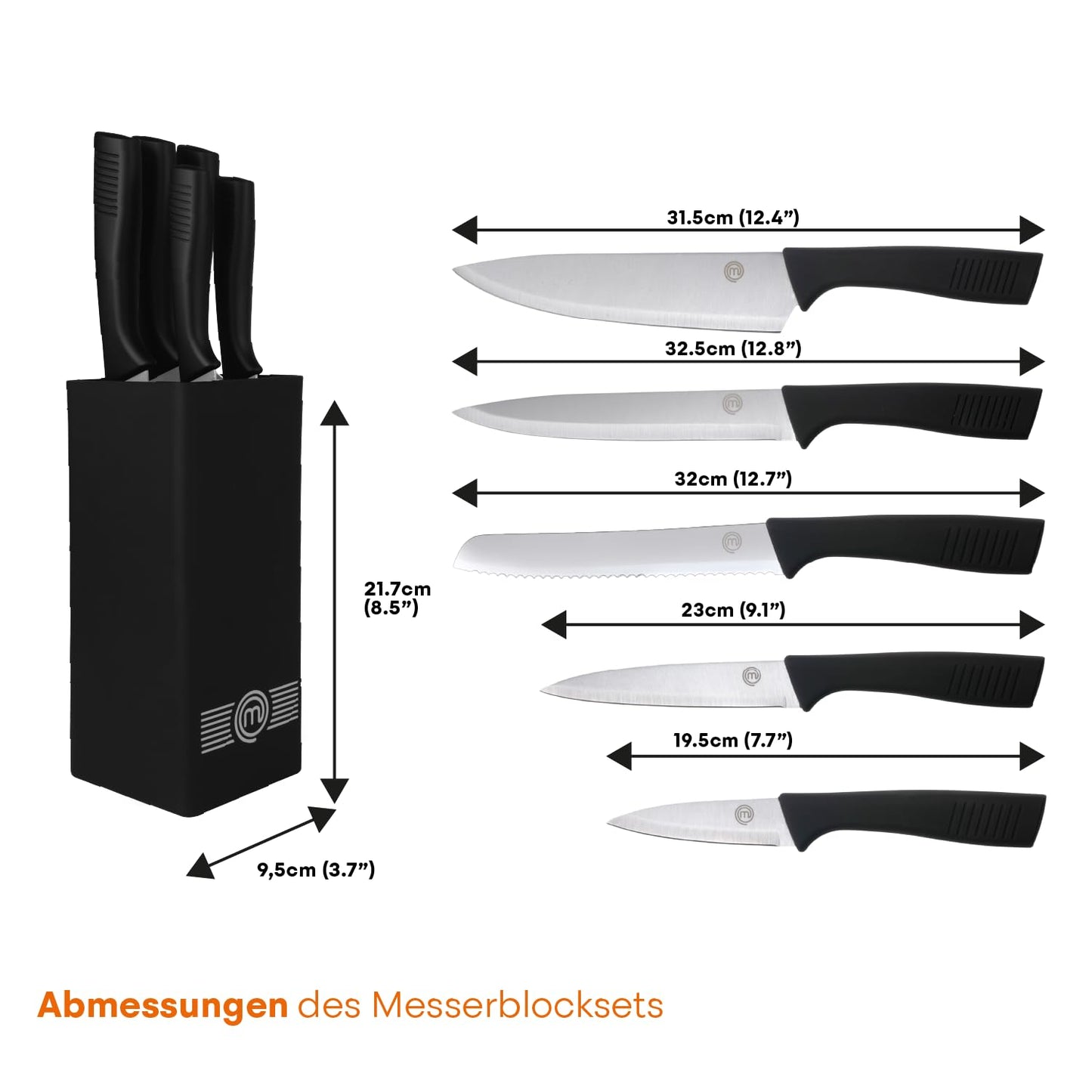 MasterChef knife block with knife cake knife set with Santoku knife, bread knife, chef's knife, vegetable knife, and utility knife, stainless steel, sharp, 5-piece, soft-touch handles.