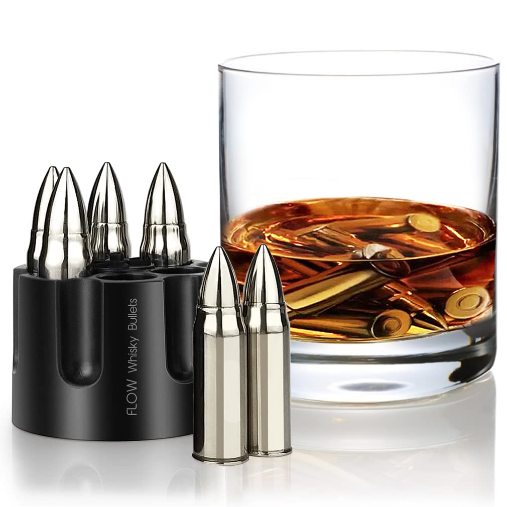 Flow XL Whiskey Bullets with Ammo Holder Stainless Steel Whiskey Stones Reusable Metal Ice Cube Tray Gift for Men Whiskey Accessories Silver