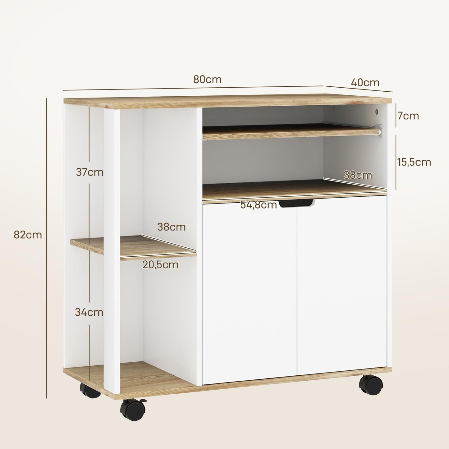 HOMCOM kitchen cart trolley serving cart with handle, adjustable shelves, cabinet, countertop, kitchen shelf on wheels, storage cart for kitchen bathroom office living room White