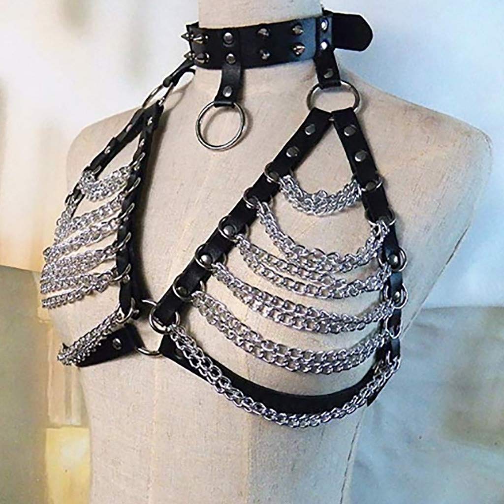 Punk Women's Harness Bra Sleeveless Gothic Steampunk Adjustable Leather Top Chest Belt Collar Chains Straps Harness Vintage Rock Chest Chain Body Jewelry For Party Dancing