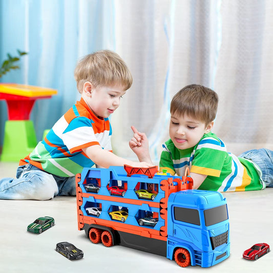 VATOS Transport Truck toy cars for boys aged 3, 4, 5, 6 years old, portable race track truck toy car with 6 race cars, transporter vehicle toy set for kids.