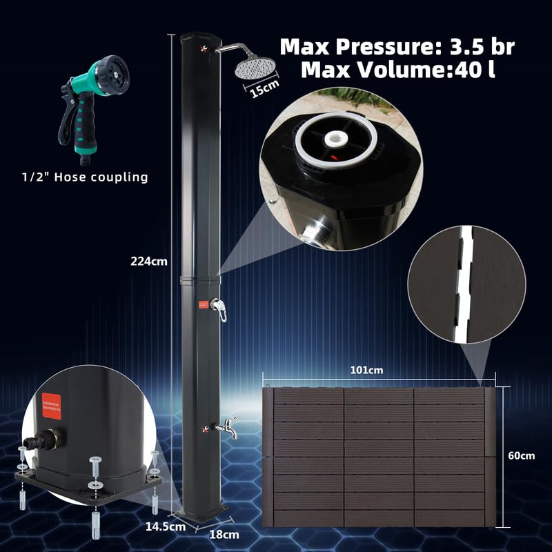 CCLIFE 40L solar shower with plastic base and handheld shower head. Solar garden shower for pool, rain shower, outdoor shower, garden sprayer for warm water.