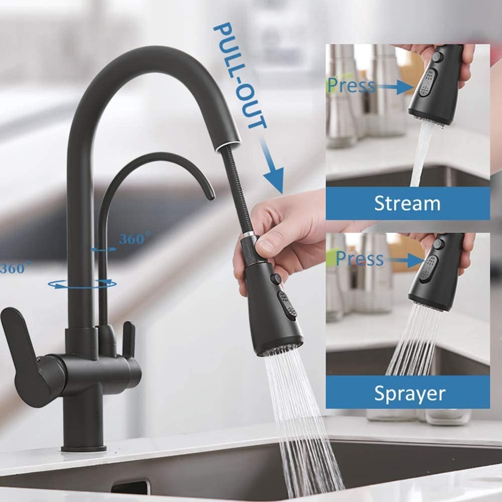 Onyzpily kitchen faucet Pure water High arc High pressure Kitchen tap with pull-out sprayer Extendable tap and 360° swivel Two spray functions Stainless steel Black